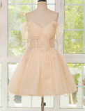 Evafashion A-line off shoulder tulle lace short prom dress, champagne homecoming dress HZ1024