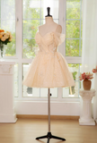 Evafashion A-line off shoulder tulle lace short prom dress, champagne homecoming dress HZ1024