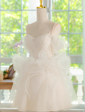 Evafashion A-line off-the-shoulder tulle lace short prom dress, white homecoming dress HZ1024