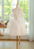 Evafashion A-line off-the-shoulder tulle lace short prom dress, white homecoming dress HZ1024