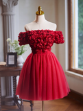 Evafashion A-line off-the-shoulder tulle short prom dress, Burgundy engagement dress homecoming dress HZ1024