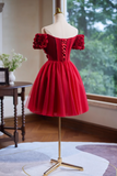 Evafashion A-line off-the-shoulder tulle short prom dress, Burgundy engagement dress homecoming dress HZ1024
