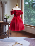 Evafashion A-line off-the-shoulder tulle short prom dress, Burgundy engagement dress homecoming dress HZ1024