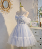 Ndyad blue A-line tulle lace beaded short prom dress, light blue homecoming dress HZ1024