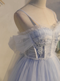 Ndyad blue A-line tulle lace beaded short prom dress, light blue homecoming dress HZ1024