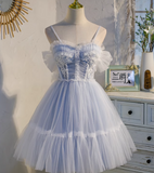Ndyad blue A-line tulle lace beaded short prom dress, light blue homecoming dress HZ1024