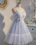 Ndyad blue A-line tulle lace beaded short prom dress, light blue homecoming dress HZ1024