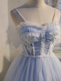 Ndyad blue A-line tulle lace beaded short prom dress, light blue homecoming dress HZ1024