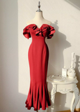 Ndyad Burgundy Off-the-shoulder Fishtail Dress Slim Fit Party Dress HZ1024