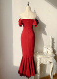 Ndyad Burgundy Off-the-shoulder Fishtail Dress Slim Fit Party Dress HZ1024