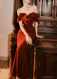 Ndyad Burgundy Off-the-shoulder Fishtail Dress Slim Fit Party Dress HZ1024