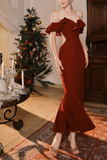 Ndyad Burgundy Off-the-shoulder Fishtail Dress Slim Fit Party Dress HZ1024