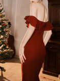 Ndyad Burgundy Off-the-shoulder Fishtail Dress Slim Fit Party Dress HZ1024