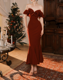 Ndyad Burgundy Off-the-shoulder Fishtail Dress Slim Fit Party Dress HZ1024