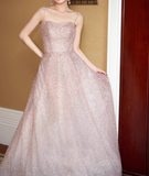 Ndyad A-line tulle beaded long prom dress, pink formal long dress HZ1024
