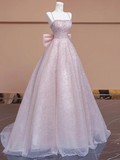 Ndyad A-line tulle beaded long prom dress, pink formal long dress HZ1024