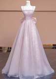 Ndyad A-line tulle beaded long prom dress, pink formal long dress HZ1024