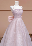 Ndyad A-line tulle beaded long prom dress, pink formal long dress HZ1024