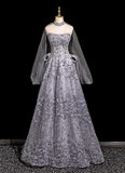 Ndyad A-line Sweetheart Neck Tulle Rhinestone Long Prom Dress, Grey Formal Long Dress HZ1024