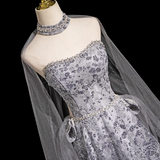 Ndyad A-line Sweetheart Neck Tulle Rhinestone Long Prom Dress, Grey Formal Long Dress HZ1024