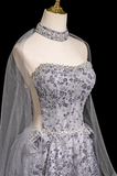 Ndyad A-line Sweetheart Neck Tulle Rhinestone Long Prom Dress, Grey Formal Long Dress HZ1024