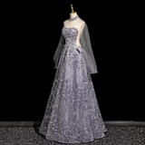 Ndyad A-line Sweetheart Neck Tulle Rhinestone Long Prom Dress, Grey Formal Long Dress HZ1024
