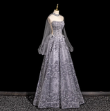 Ndyad A-line Sweetheart Neck Tulle Rhinestone Long Prom Dress, Grey Formal Long Dress HZ1024