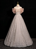 Ndyad V-neck tulle sequin long prom dress, formal long dress HZ1024