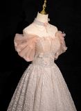 Ndyad V-neck tulle sequin long prom dress, formal long dress HZ1024