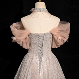 Ndyad V-neck tulle sequin long prom dress, formal long dress HZ1024