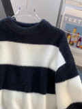 Ndyad loose lazy style mink black and white striped mid-length sweater HZ1024