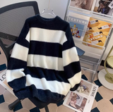 Ndyad loose lazy style mink black and white striped mid-length sweater HZ1024