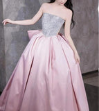 Ndyad A-line satin sequin long prom dress, pink formal dress HZ1024