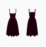 Ndyad Retro Burgundy A-Line Square Neck Velvet Dress for Birthday&Graduation HZ1024