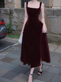 Ndyad Retro Burgundy A-Line Square Neck Velvet Dress for Birthday&Graduation HZ1024