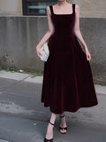 Ndyad Retro Burgundy A-Line Square Neck Velvet Dress for Birthday&Graduation HZ1024