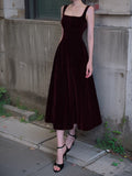 Ndyad Retro Burgundy A-Line Square Neck Velvet Dress for Birthday&Graduation HZ1024