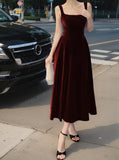 Ndyad Retro Burgundy A-Line Square Neck Velvet Dress for Birthday&Graduation HZ1024