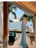 Ndyad Blue Mermaid Halter Neck Long Prom dress Evening Dress HZ1024
