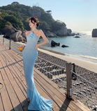 Ndyad Blue Mermaid Halter Neck Long Prom dress Evening Dress HZ1024