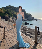 Ndyad Blue Mermaid Halter Neck Long Prom dress Evening Dress HZ1024