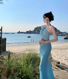 Ndyad Blue Mermaid Halter Neck Long Prom dress Evening Dress HZ1024