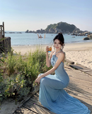 Ndyad Blue Mermaid Halter Neck Long Prom dress Evening Dress HZ1024
