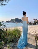 Ndyad Blue Mermaid Halter Neck Long Prom dress Evening Dress HZ1024
