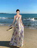 Ndyad V-neck purple printed suspender dress HZ1024
