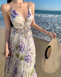Ndyad V-neck purple printed suspender dress HZ1024