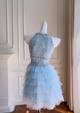 Evafashion A-line beaded tulle short prom dress, blue homecoming dress HZ1024