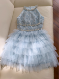 Evafashion A-line beaded tulle short prom dress, blue homecoming dress HZ1024