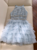 Evafashion A-line beaded tulle short prom dress, blue homecoming dress HZ1024