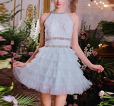 Evafashion A-line beaded tulle short prom dress, blue homecoming dress HZ1024